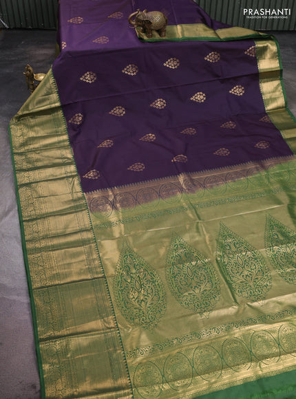 Bangalori silk saree violet and olive green with zari woven buttas and long zari woven border