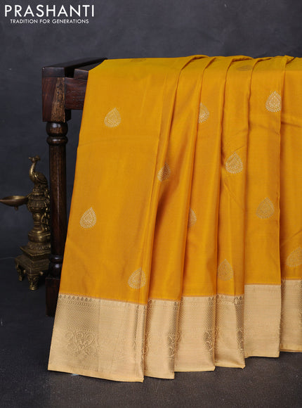 Bangalori silk saree mustard yellow and sandal with zari woven buttas and zari woven border