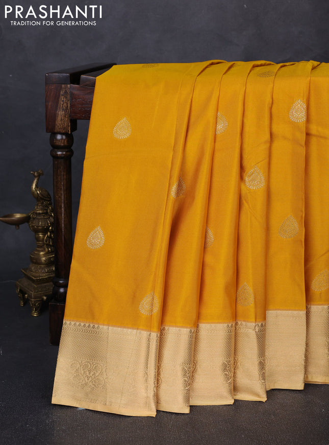 Bangalori silk saree mustard yellow and sandal with zari woven buttas and zari woven border