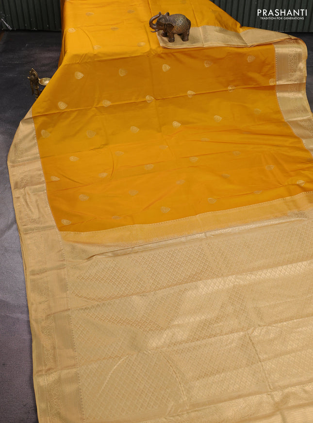 Bangalori silk saree mustard yellow and sandal with zari woven buttas and zari woven border