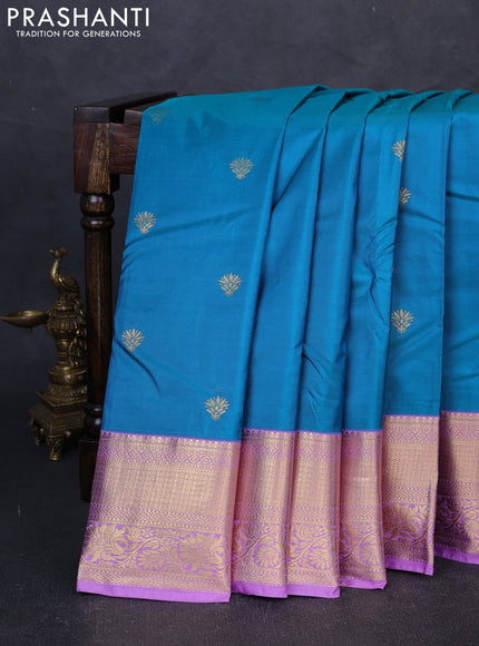 Bangalori silk saree teal blue and lavender with zari woven buttas and zari woven border