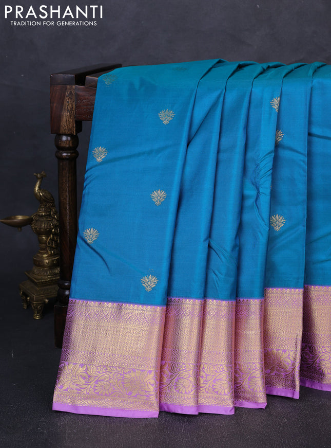 Bangalori silk saree teal blue and lavender with zari woven buttas and zari woven border