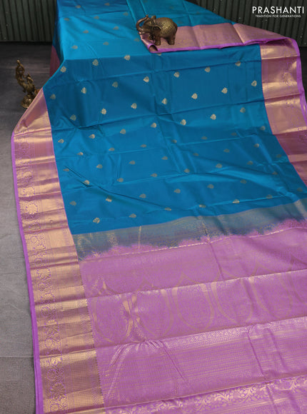 Bangalori silk saree teal blue and lavender with zari woven buttas and zari woven border