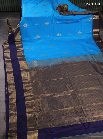 Bangalori silk saree cs blue and navy blue with zari woven buttas and long rettapet zari woven border