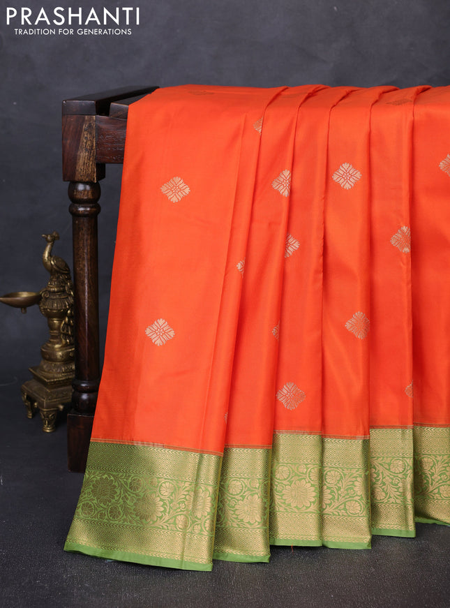 Bangalori silk saree orange and light green with zari woven buttas and zari woven border