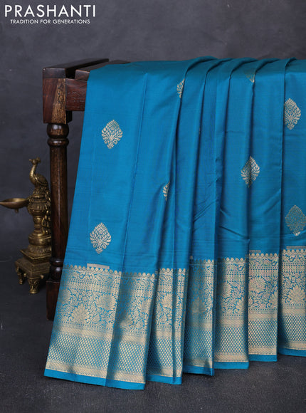 Bangalori silk saree teal green with zari woven buttas and long zari woven border
