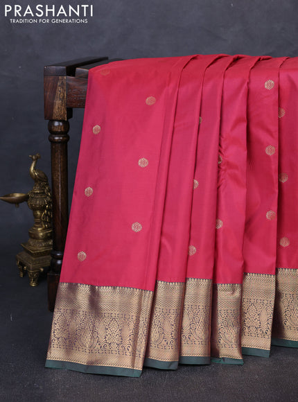 Bangalori silk saree tomato pink and green with allover zari woven buttas and zari woven border