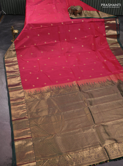 Bangalori silk saree tomato pink and green with allover zari woven buttas and zari woven border