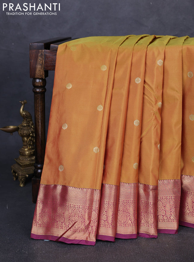 Bangalori silk saree mustard yellow and wine shade with allover zari woven buttas and zari woven border