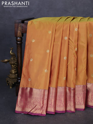 Bangalori silk saree mustard yellow and wine shade with allover zari woven buttas and zari woven border