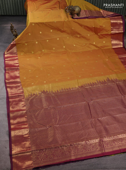 Bangalori silk saree mustard yellow and wine shade with allover zari woven buttas and zari woven border