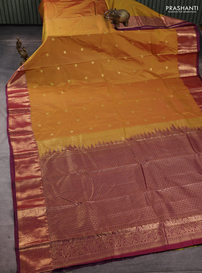 Bangalori silk saree mustard yellow and wine shade with allover zari woven buttas and zari woven border