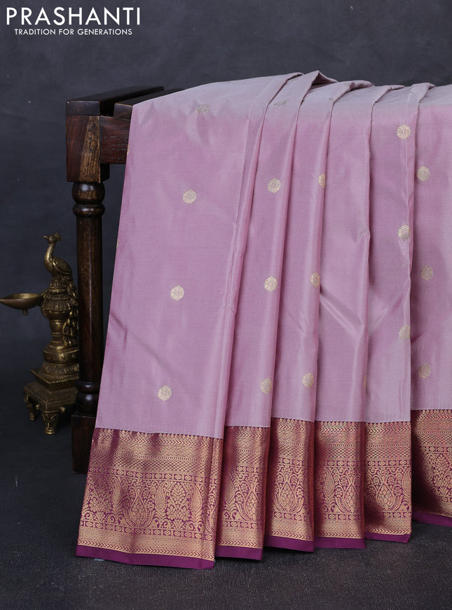 Bangalori silk saree pastel lavender and wine shade with allover zari woven buttas and zari woven border