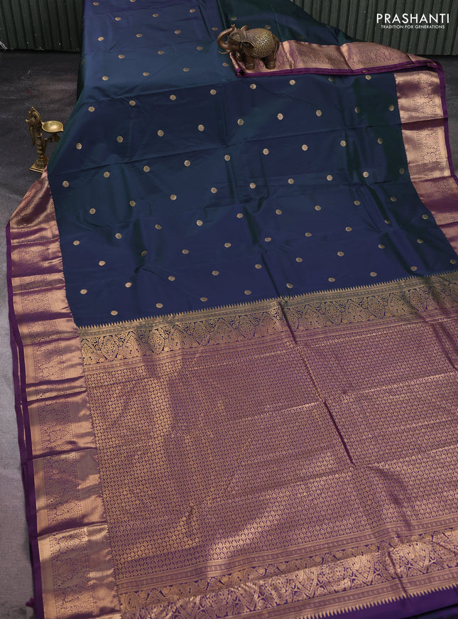Bangalori silk saree bottle green and deep purple with zari woven buttas and zari woven border
