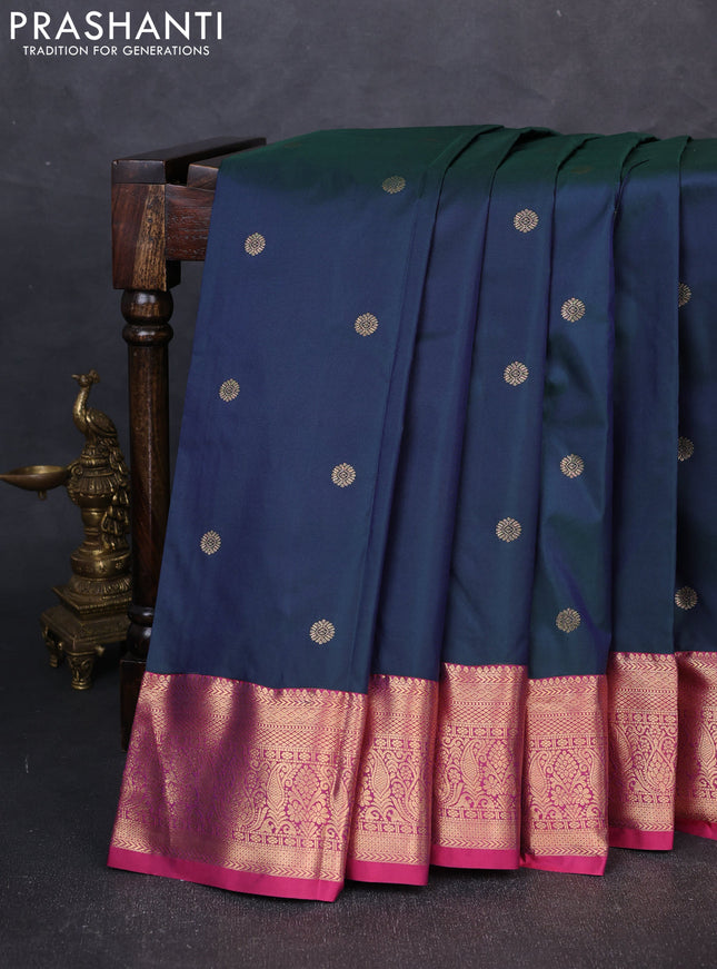 Bangalori silk saree bottle green and pink with zari woven buttas and zari woven border