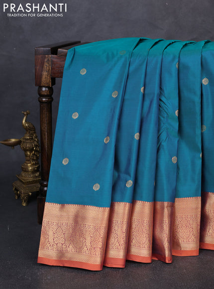 Bangalori silk saree teal green and rust shade with allover zari woven buttas and zari woven border
