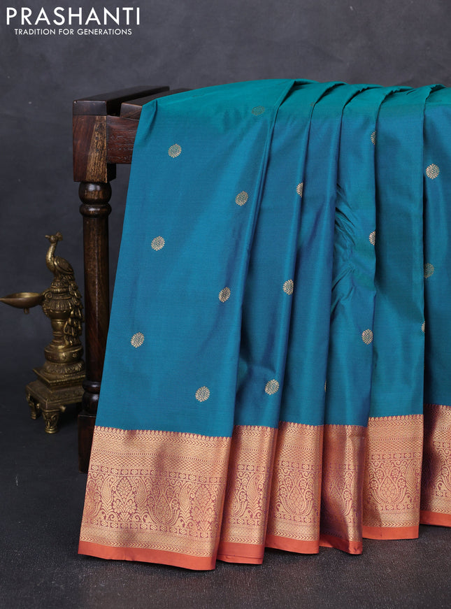 Bangalori silk saree teal green and rust shade with allover zari woven buttas and zari woven border