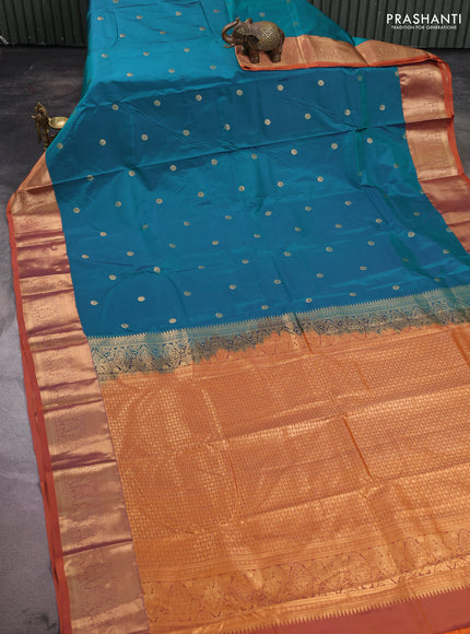 Bangalori silk saree teal green and rust shade with allover zari woven buttas and zari woven border