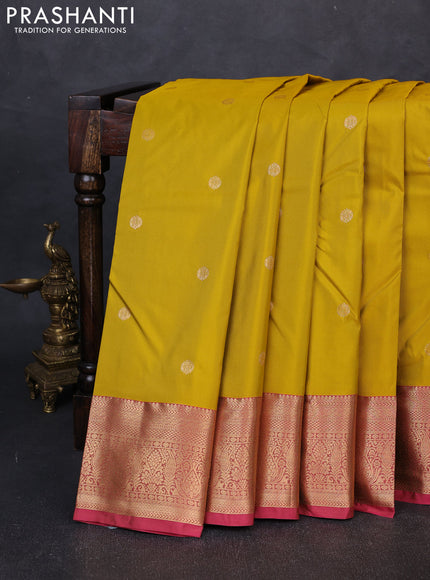 Bangalori silk saree mustard yellow and pink with zari woven buttas and zari woven border