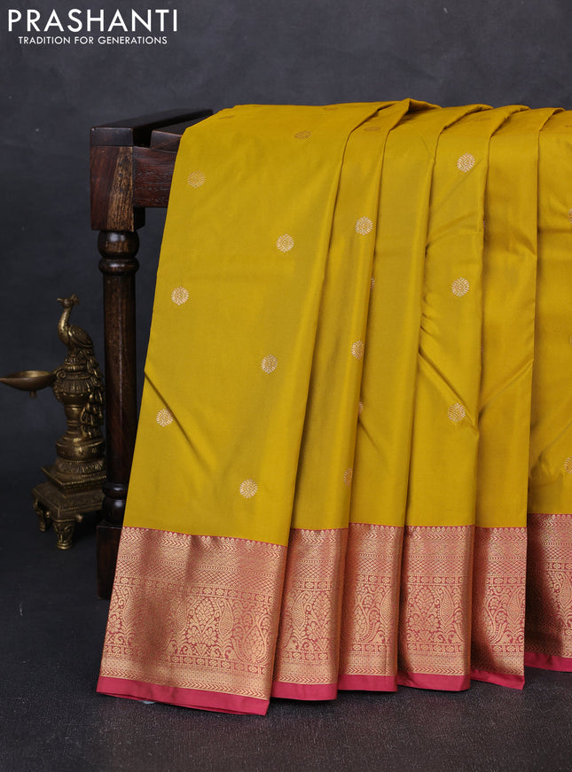 Bangalori silk saree mustard yellow and pink with zari woven buttas and zari woven border