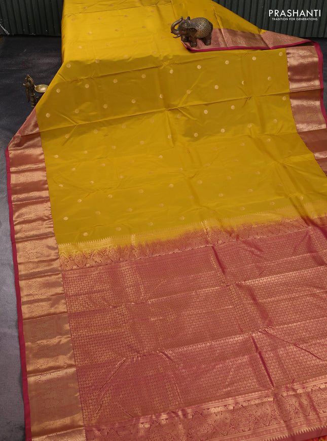 Bangalori silk saree mustard yellow and pink with zari woven buttas and zari woven border