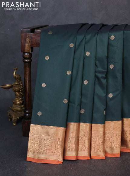 Bangalori silk saree bottle green and rust shade with allover zari woven buttas and zari woven border