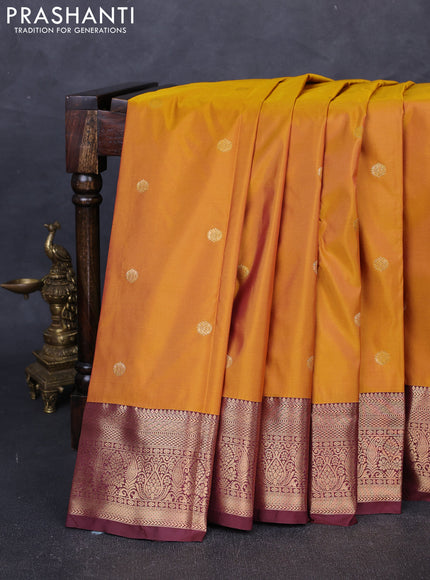 Bangalori silk saree mustard yellow and coffee brown with zari woven buttas and zari woven border