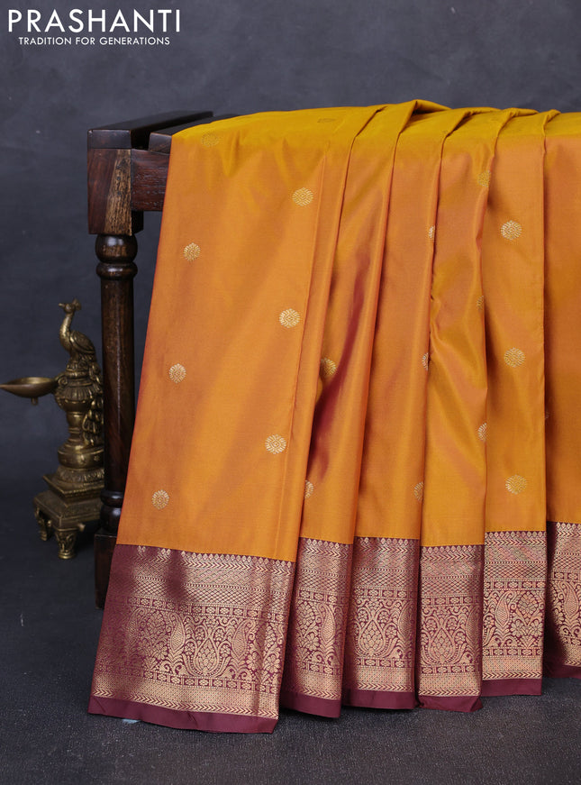 Bangalori silk saree mustard yellow and coffee brown with zari woven buttas and zari woven border