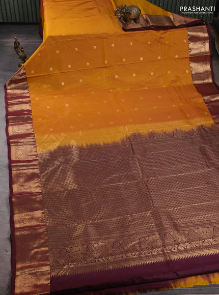 Bangalori silk saree mustard yellow and coffee brown with zari woven buttas and zari woven border