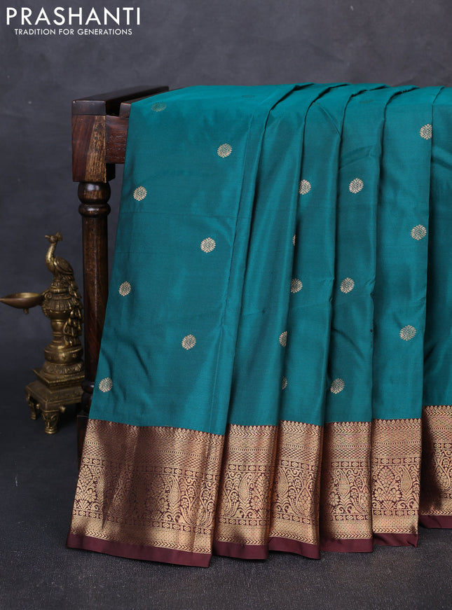 Bangalori silk saree teal green and coffee brown with zari woven buttas and zari woven border