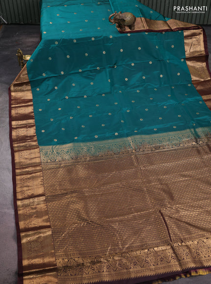 Bangalori silk saree teal green and coffee brown with zari woven buttas and zari woven border