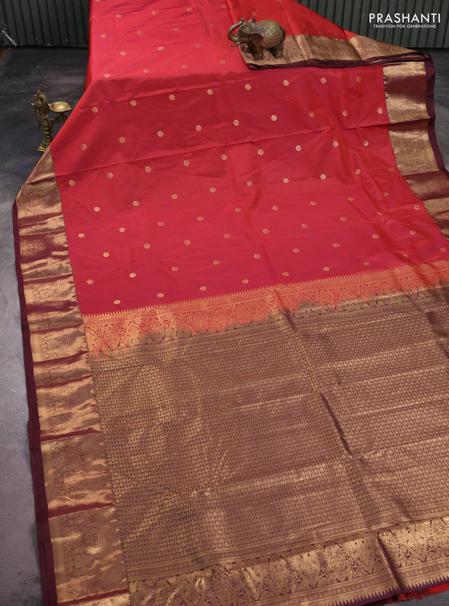 Bangalori silk saree red and coffee brown with zari woven buttas and zari woven border