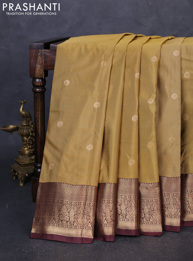 Bangalori silk saree dark mustard and coffee brown with zari woven buttas and zari woven border