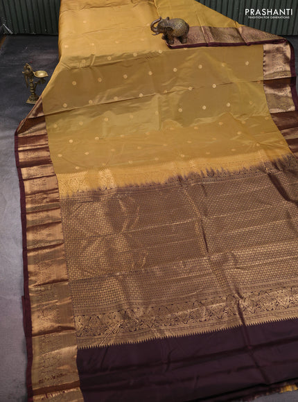 Bangalori silk saree dark mustard and coffee brown with zari woven buttas and zari woven border