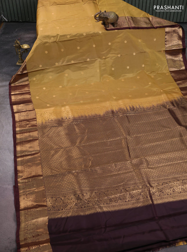 Bangalori silk saree dark mustard and coffee brown with zari woven buttas and zari woven border