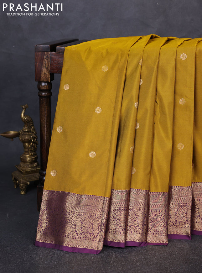 Bangalori silk saree dark mustard and deep purple with zari woven buttas and zari woven border