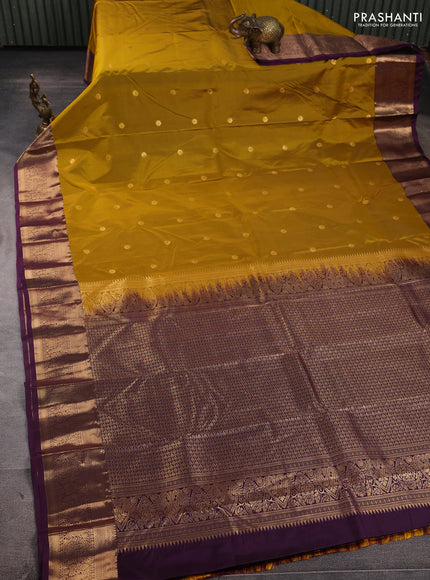 Bangalori silk saree dark mustard and deep purple with zari woven buttas and zari woven border