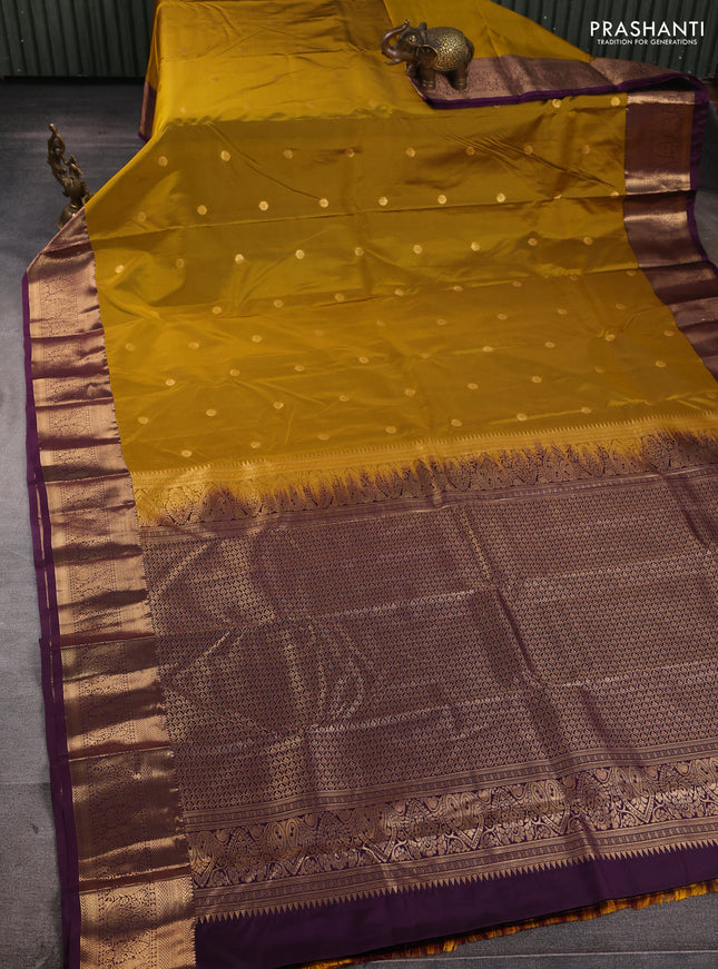 Bangalori silk saree dark mustard and deep purple with zari woven buttas and zari woven border