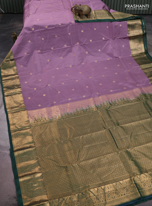 Bangalori silk saree pastel purple and bottle green with zari woven buttas and zari woven border