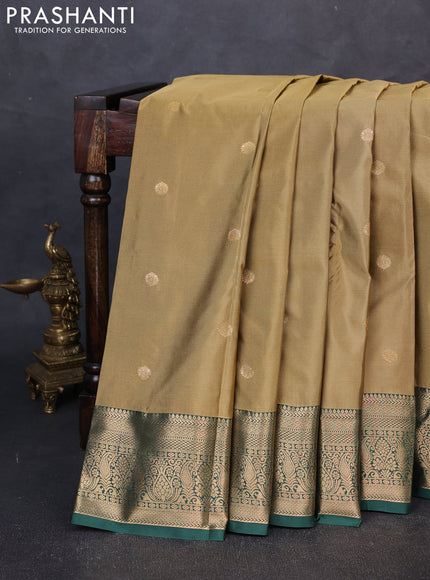 Bangalori silk saree sandal and bottle green with zari woven buttas and zari woven border