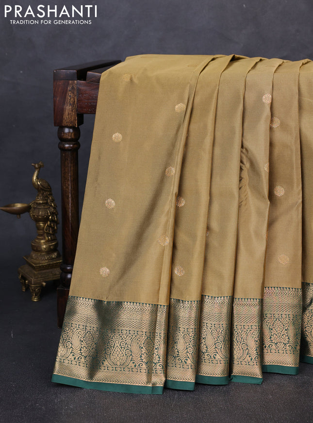 Bangalori silk saree sandal and bottle green with zari woven buttas and zari woven border