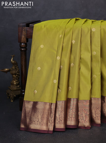Bangalori silk saree lime green and coffee brown with zari woven buttas and zari woven border