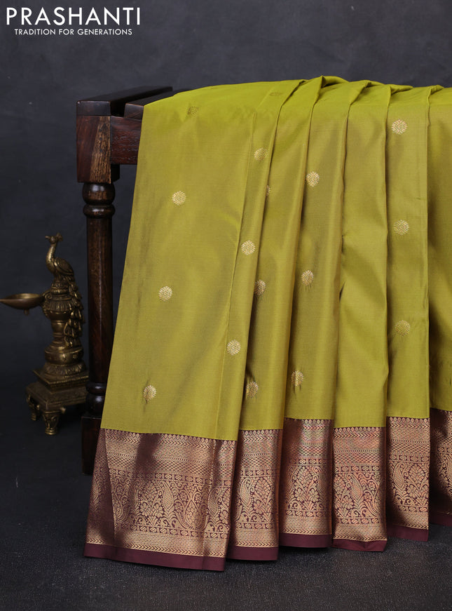 Bangalori silk saree lime green and coffee brown with zari woven buttas and zari woven border