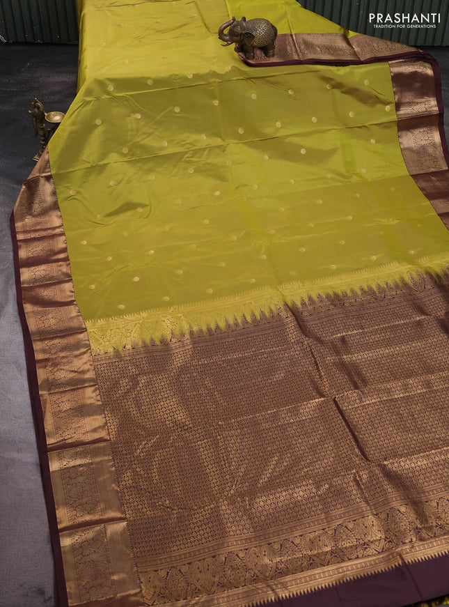 Bangalori silk saree lime green and coffee brown with zari woven buttas and zari woven border