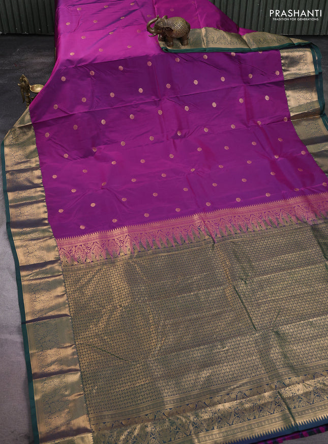 Bangalori silk saree magenta pink and bottle green with zari woven buttas and zari woven border