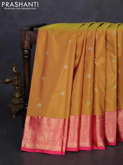 Bangalori silk saree dark mustard and pink with zari woven buttas and zari woven border