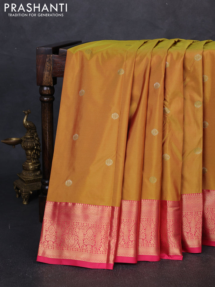 Bangalori silk saree dark mustard and pink with zari woven buttas and zari woven border