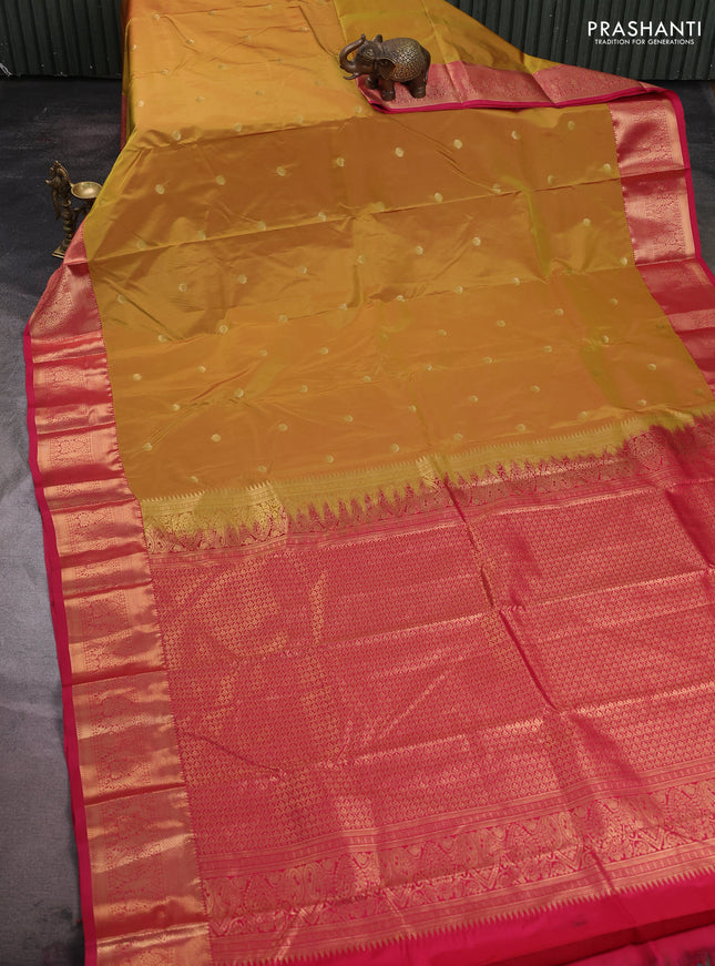 Bangalori silk saree dark mustard and pink with zari woven buttas and zari woven border