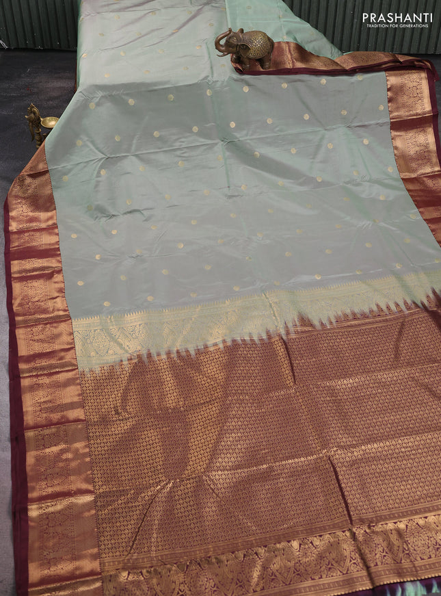 Bangalori silk saree pastel green and coffee brown with zari woven buttas and zari woven border
