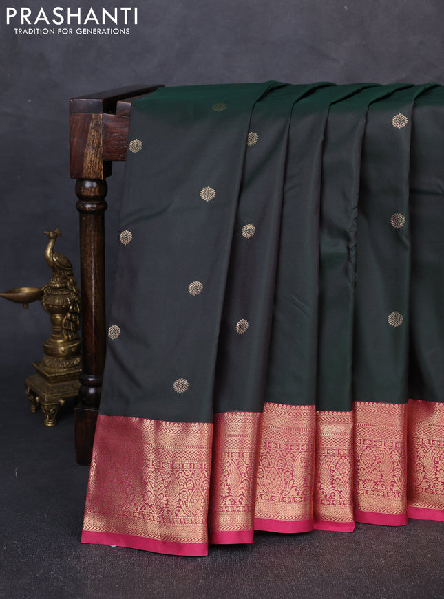 Bangalori silk saree bottle green and pink with allover zari woven buttas and zari woven border